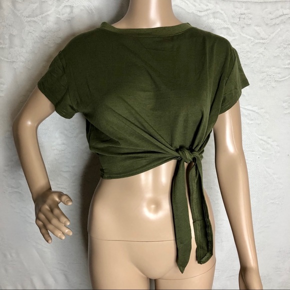 Boutique Tops - Green Side Tie Cropped Tee